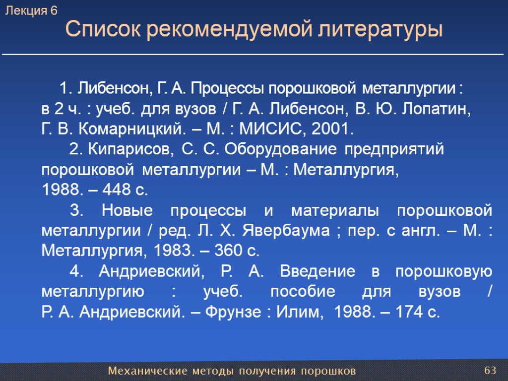 Механические методы получения порошков 63 1. Либенсон, Г. А. Процессы порошковой металлургии : в